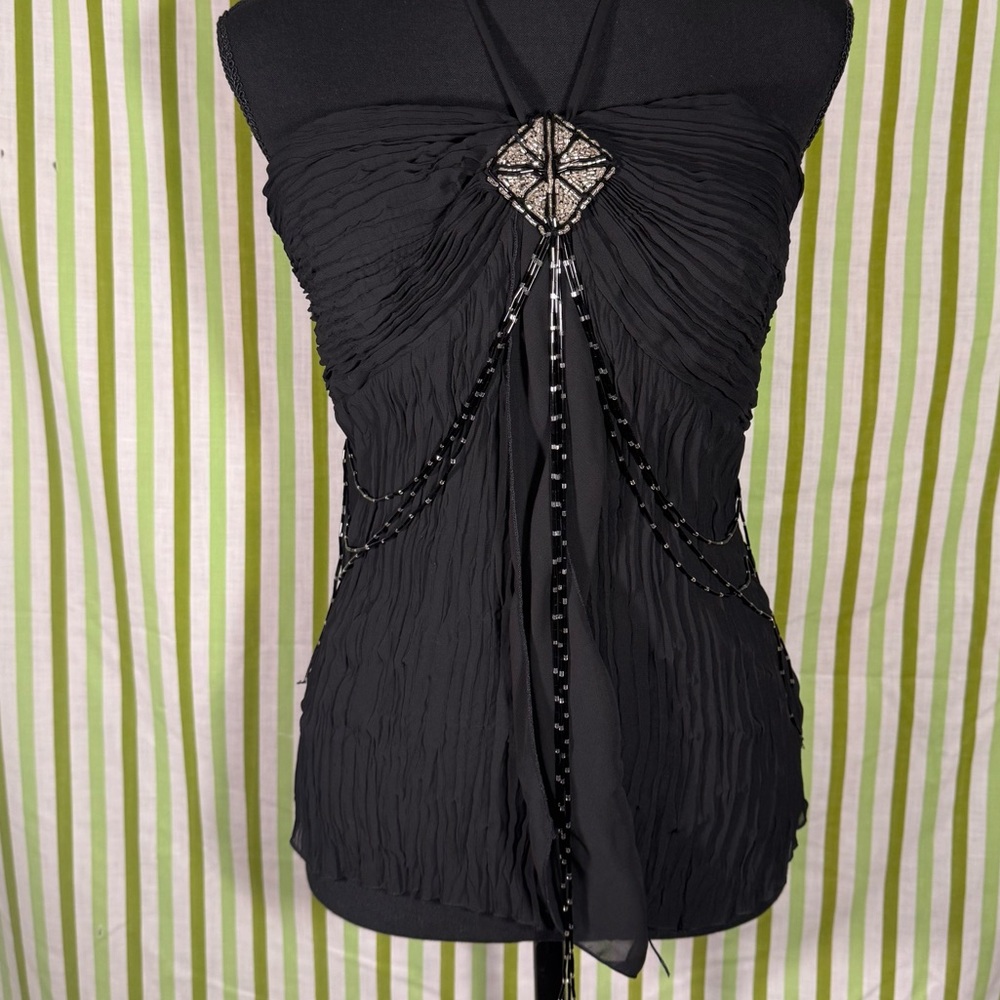 Kaelyn-Max Black Beaded Halter Top, Chiffon Layered Top, Size Medium - Picture 11 of 16